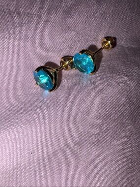 Gold-Tone Stud Earrings with Teal Blue Stones